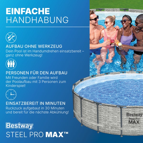 Bestway Steel Pro MAX Frame Pool in Steinoptik, werkzeugloser Aufbau in 30 Minuten mit drei Personen, Abbildung mit Personen im Pool.