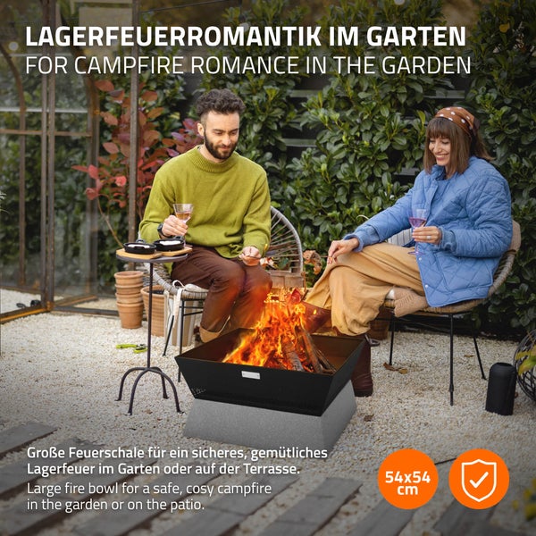 ML-Design Feuerschale mit Keramiksockel, 54x28,5x54 cm, Schwarz-Beige, Quadratischer Feuerstelle aus Stahl, abnehmbare Schale, Feuerkorb mit Schürhaken, Feuertonne Outdoor für Garten Camping Terrasse