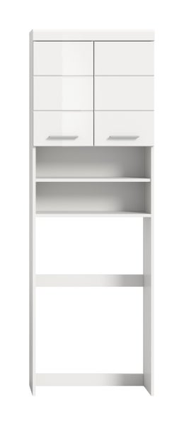 Wandschrank für Waschmaschine als Aufsatzregal mit zwei Türen und zwei Ablagefächern für den Badezimmerbereich.