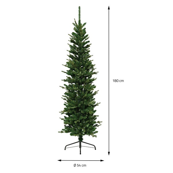 Künstlicher Weihnachtsbaum in schlanker Form mit einer Höhe von 180 Zentimetern und einem Durchmesser von 54 Zentimetern.