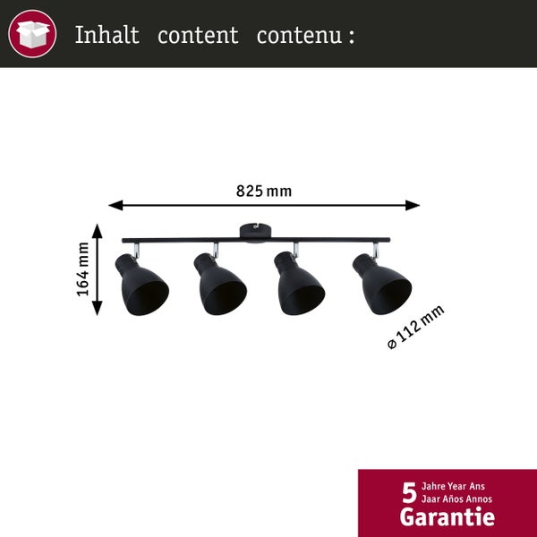 4-flammiger Deckenstrahler mit Maßen 825 Millimeter Breite, 164 Millimeter Höhe, 112 Millimeter Durchmesser und 5 Jahren Garantie.