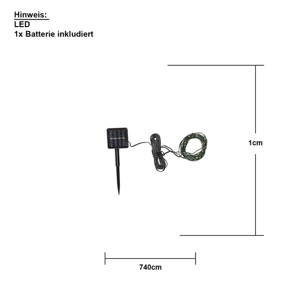 LED Solar Lichterkette mit einer Länge von 740 Zentimetern und einer Höhe von einem Zentimeter inklusive Batterie