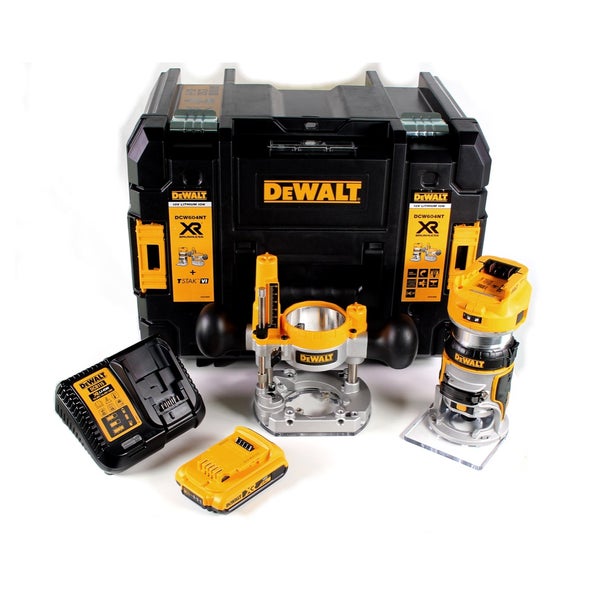 Akku-Kanten- und Oberfräsen-Set von DeWALT mit bürstenlosem Motor, 18 Volt Akku, Ladegerät und TSTAK-Transportkoffer.