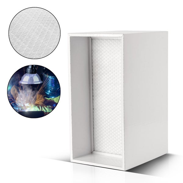 Weißer rechteckiger Schweißrauchfilter mit Detailansicht des Filtervlieses und Anwendungsbeispiel beim Schweißen mit Absaughaube.