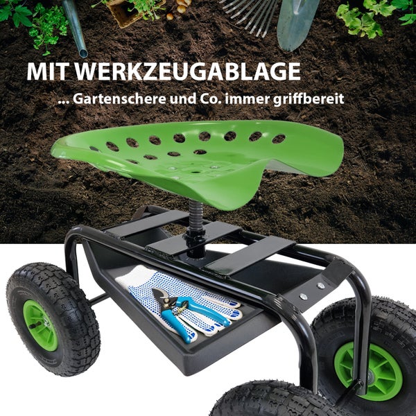 Gartenhocker mit Werkzeugablage, Gartenschere und Handschuhen