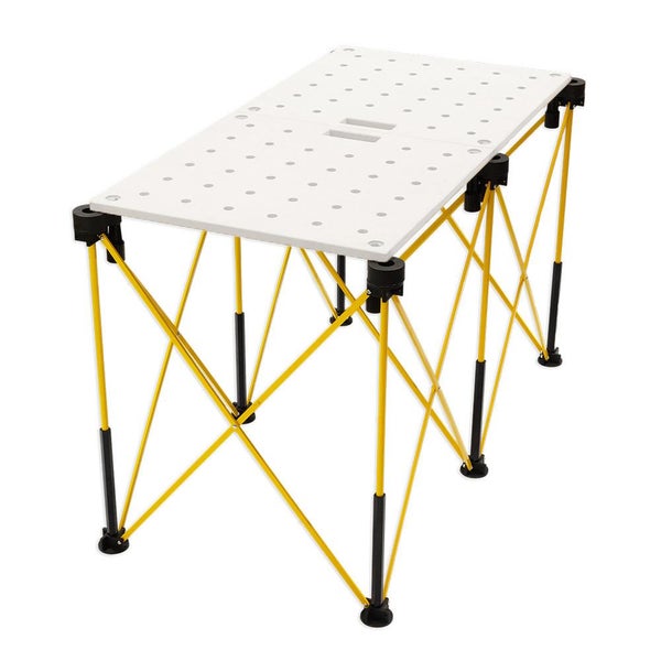 Klapptisch mit gelbem Gestell und weisser Tischplatte