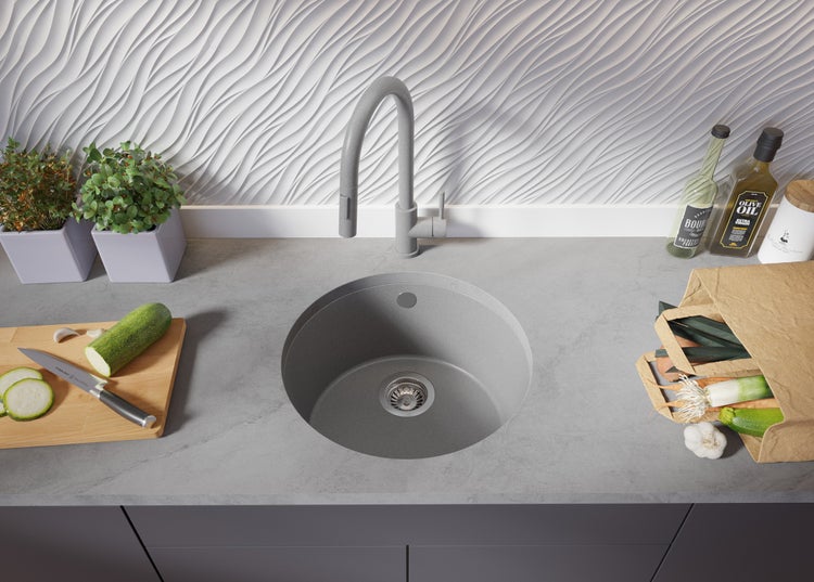PRIMAGRAN Unterbauspüle Granit Grau 46x46cm, Spülbecken 1 Becken + Ablauf-Set, Granitspüle ab 50er Unterschrank - Valletta
