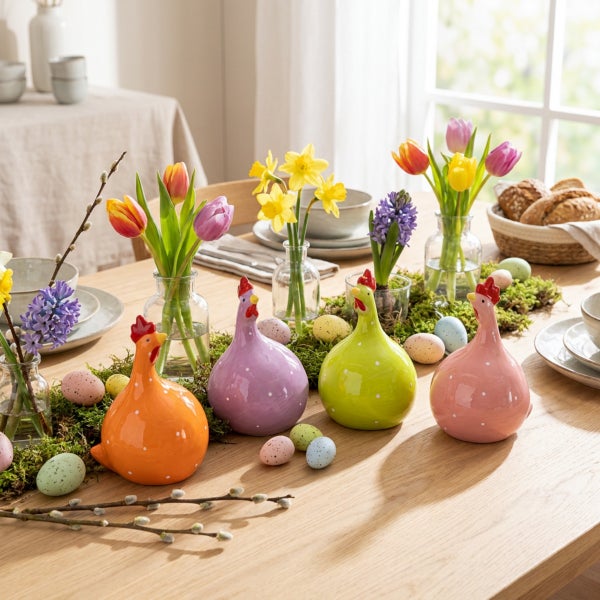 Osterdekoration auf einem Esstisch mit vier bunten Keramikhennen, frischen Frühlingsblumen in Glasvasen, Moos und bunt gesprenkelten Ostereiern.