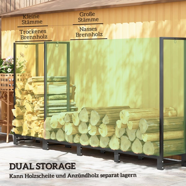 Outsunny Kaminholzregal, mit zwei Abschnitte, drei Haken, für Outdoor, Indoor, bis 300 kg, 240 x 32 x 115 cm, Stahl, Schwarz