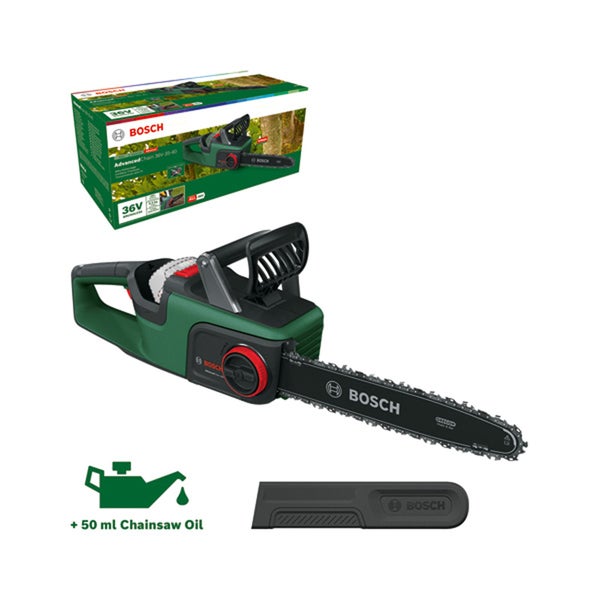 Bosch AdvancedChain 36V-35-40 Akku Kettensäge mit Zubehör und Verpackung