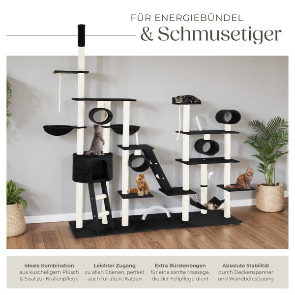 Kratzbaum tectake Snooky inklusive 2 Treppen, 2 Spielkordeln, Kratzbogen, Deckenspanner und Kippschutz 234 bis 261 cm schwarz