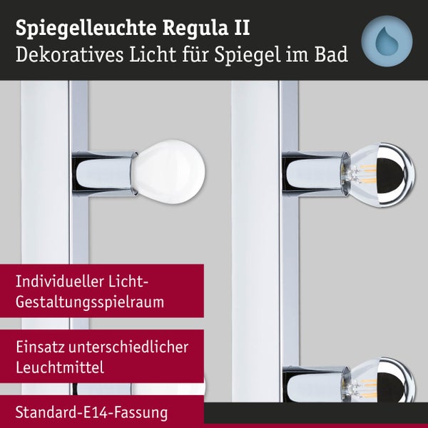 Spiegelleuchte Regula II für das Badezimmer mit E14 Fassungen für verschiedene Leuchtmittel und Schutz gegen Spritzwasser.