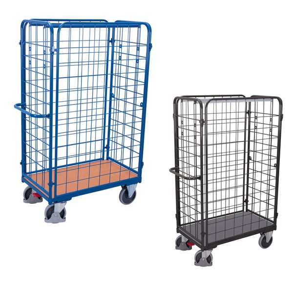 Rollbehälter aus Metall mit Gitterwänden und Bodenplatte in zwei Ausführungen.