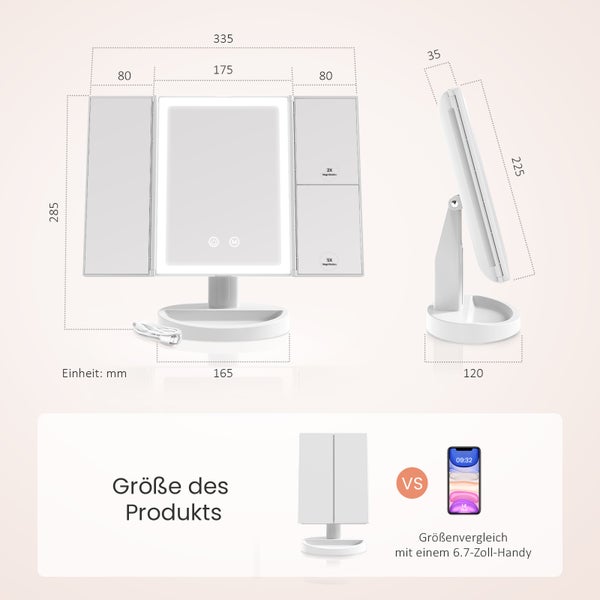 EMKE LED-Kosmetikspiegel Tragbarer mit 2X/5X-Vergrößerung, 180° klappbar, USB-aufladbar, 285x175x120mm, Weiß