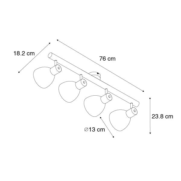 Technische Zeichnung einer vierflammigen Deckenleuchte mit Maßangaben von 76 cm Länge, 18,2 cm Breite und 23,8 cm Höhe sowie 13 cm Durchmesser.