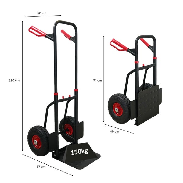 PROREGAL Profi-Sackkarre TAURUS 150 klappbar & ausziehbar 110x50x57cm Belastbarkeit 150kg Stahl Luftbereifung mit Haltegriffe & Radschutz Rot-Schwarz