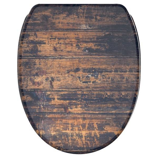 WC-Sitz mit glänzendem Dekor in Vintage-Holzoptik.