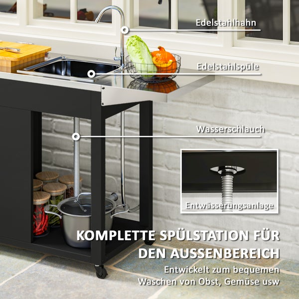 Grillwagen mit Spüle, Grill, Armatur und Stauraum für die Zubereitung im Freien
