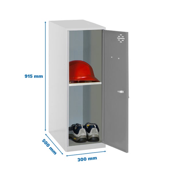 Metallspind mit einer Tür, Innenraum mit rotem Schutzhelm und Arbeitsschuhen, Maße 915 x 500 x 300 Millimeter