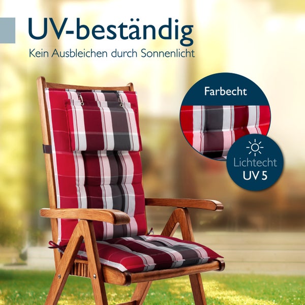 Gartenstuhlauflage auf Holzstuhl, farbecht, ultraviolettbeständig und lichtecht Stufe 5, kein Ausbleichen durch Sonnenlicht.