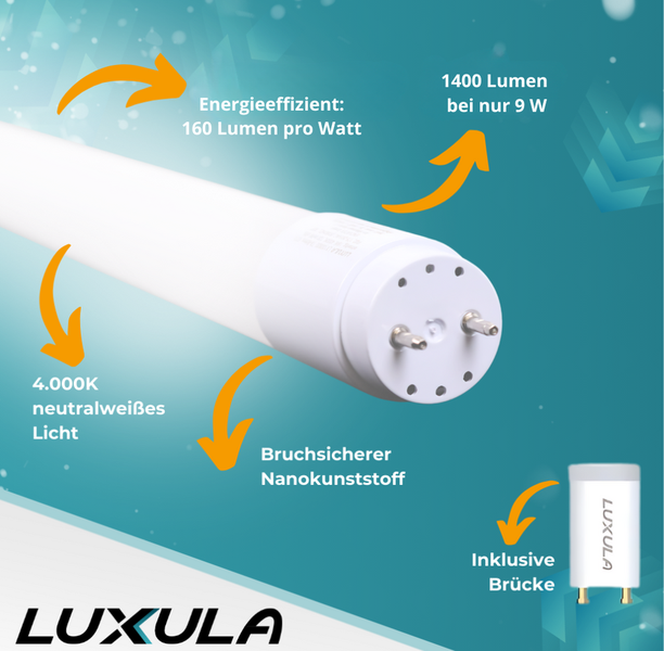 Luxula LED-Röhre mit 1400 Lumen bei 9 Watt, energieeffizient mit 160 Lumen pro Watt, 4000 Kelvin neutralweißes Licht und bruchsicherem Nanokunststoff, inklusive Brücke