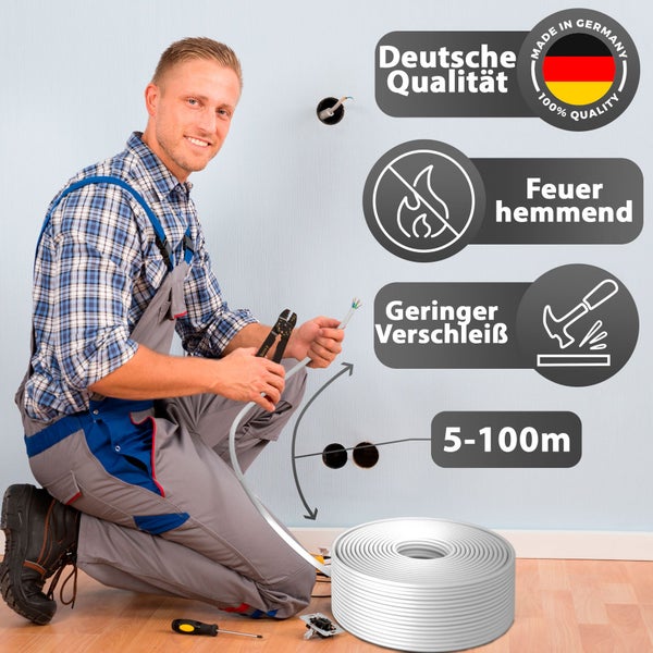 Elektriker verlegt weißes Installationskabel, feuerhemmend und verschleißarm, hergestellt in Deutschland, verfügbar in fünf bis einhundert Meter.