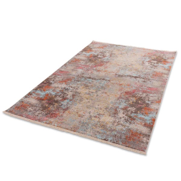 Rechteckiger Teppich in Beige, Grau und Orange mit abstraktem Muster und Fransen.