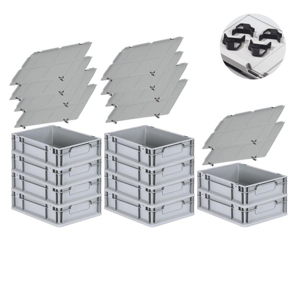 PROREGAL Spar Set 10x Eurobox Nextgen Economy Mit Auflagedeckel & 4x Schiebeschnappverschlüsse Schwarz Griffe Geschlossen HxBxT 12 x 30 x 40 cm