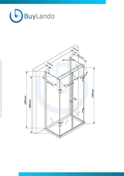 Technische Zeichnung einer Duschkabine mit Maßangaben