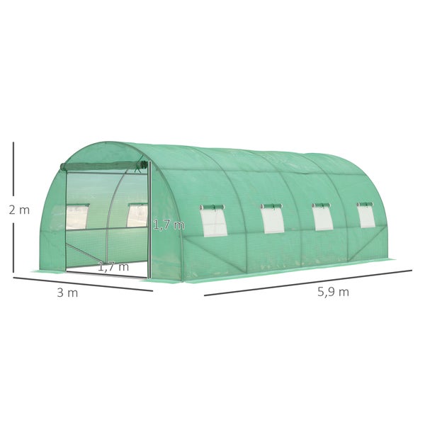 Outsunny Gewächshaus ca. 6 x 3 x 2 m Foliengewächshaus mit 8 Fenster, Rolltür, Aufrollbar Seitenwänden, UV-beständiger Folientunnel, Winterfest Tomatenhaus mit Erdanker, Grün