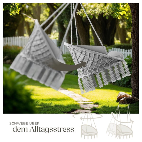 Hängesessel mit Makramee-Details und weichen Kissen für den Innenbereich