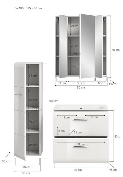 Badezimmermöbel-Set mit detaillierten Maßangaben in Zentimeter für Hochschrank, Spiegelschrank und Waschbeckenunterschrank.