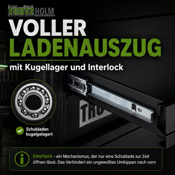 Trutz Holm Werkzeugwagen-Detail: Voller Ladenauszug mit Kugellager und Interlock-System zur Verhinderung von Umkippen.