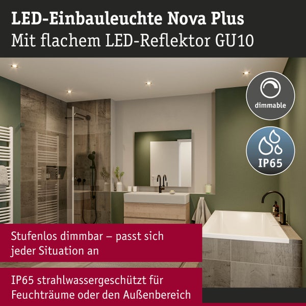 LED-Einbauleuchte Nova Plus mit GU10 LED-Reflektor in einem Badezimmer. Stufenlos dimmbar und IP65 strahlwassergeschützt für Feuchträume.