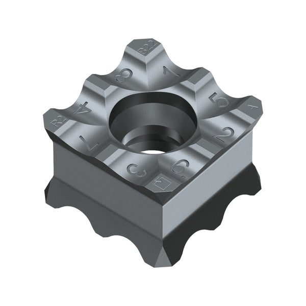 Drehmeißel-Wendeplatte mit acht Schneidkanten und zentraler Bohrung