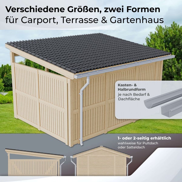 Dachrinnensystem für Gartenhaus und Carport, Kastenform und Halbrundform, geeignet für Pultdach oder Satteldach, 1-seitig oder 2-seitig erhältlich.