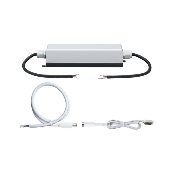 LED-Transformator-Set inklusive Anschlusskabeln und Steckverbindungen für LED-Beleuchtungssysteme.