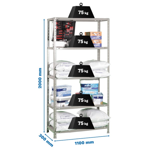 Metallregal mit 5 Böden, 2000 Millimeter hoch, 1100 Millimeter breit, 300 Millimeter tief, Tragkraft 75 Kilogramm pro Boden.