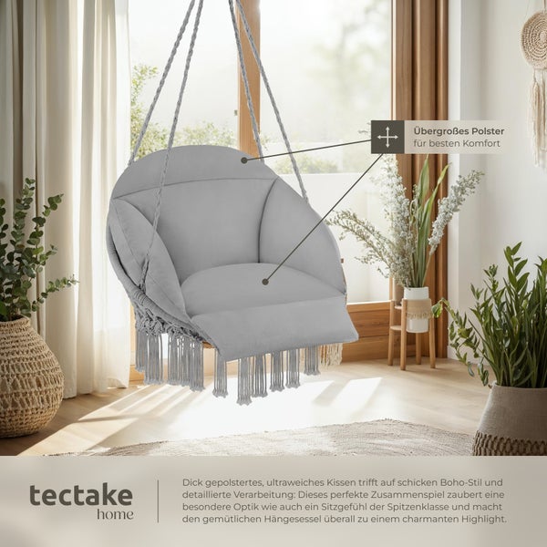 Hängesessel tectake Samira 80 x 81 x 139 cm mit dickem Sitzkissen grau