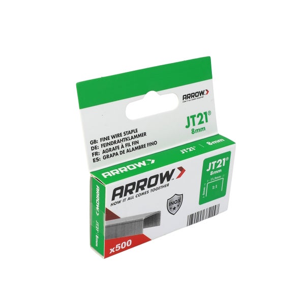 Arrow Feindrahtklammern JT21 aus Edelstahl, 8 Millimeter, 500 Stück.