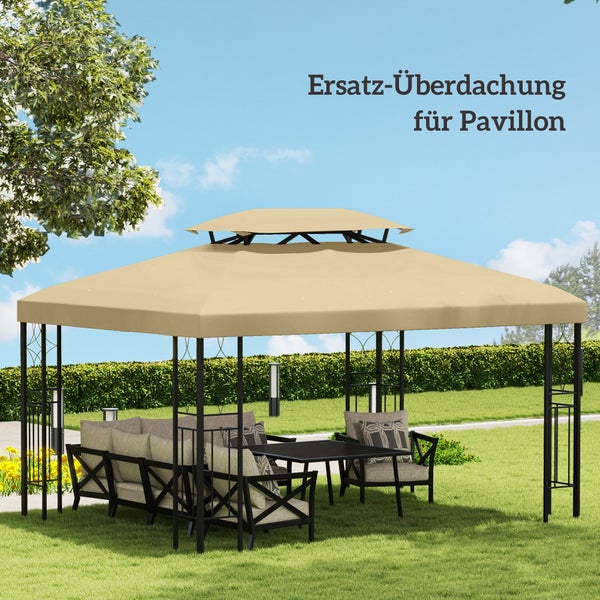 Ersatz-Überdachung für einen Gartenpavillon mit Sitzgruppe und Tisch auf einer Rasenfläche vor einer Hecke.