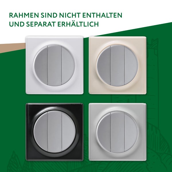Vier quadratische Schaltereinsaetze mit rundem Bedienelement. Rahmen sind nicht im Lieferumfang enthalten und separat erhaeltlich.