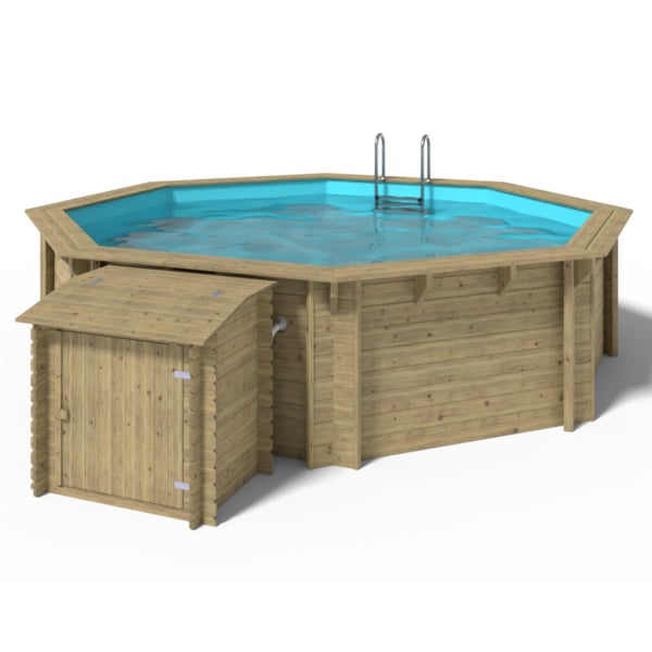 Achteckiger Holzpool mit Leiter und Geräteschuppen