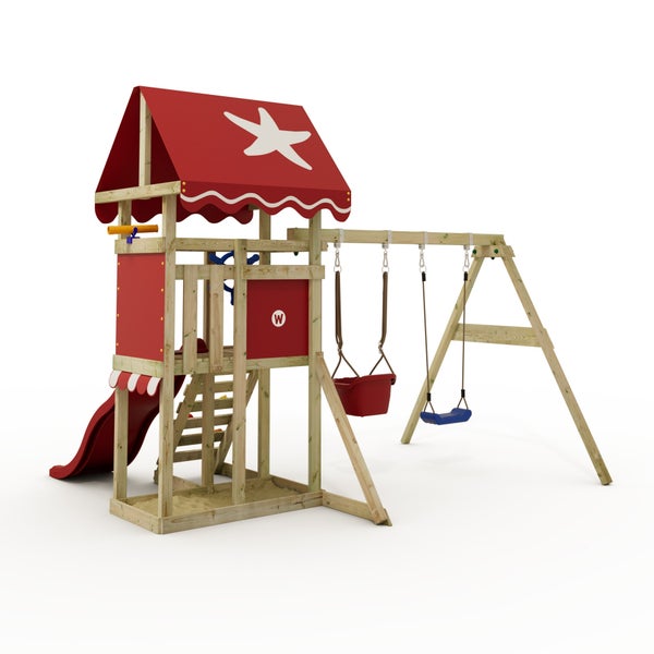 WICKEY Spielturm Klettergerüst DinkyStar mit Schaukel und Rutsche, Kletterturm mit Sandkasten, Leiter und Spiel-Zubehör – rot