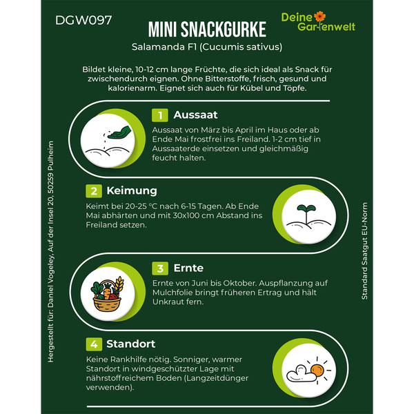 Infografik zur Mini-Snackgurke Salamanda F1 mit Informationen zu Aussaat, Keimung, Ernte und Standort. Deine Gartenwelt Logo.