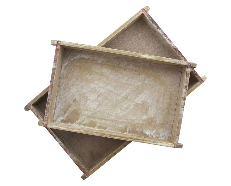 FRANK FLECHTWAREN | Holztablett Industrial, 2er Set, HOLZ, METALL, 42 x 25 x 6 cm, 50 x 30 x 6 cm