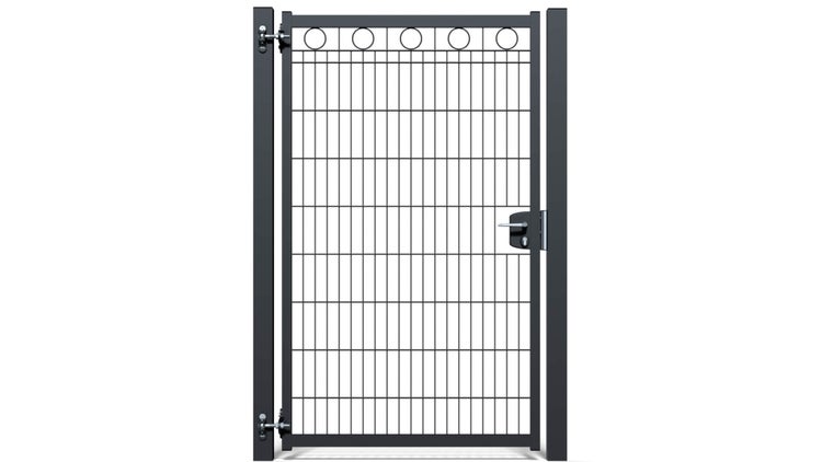 Zauntür ZAUNGURU BASIC-Linie Berlin Kreis aus Metall, Höhe: 183cm, Breite: 123cm, 1-flügelig inkl. Pfosten, Schloss und Zubehör, Feuerverzinkt und zusätzlich in RAL 7016 Anthrazitgrau pulverbeschichtet