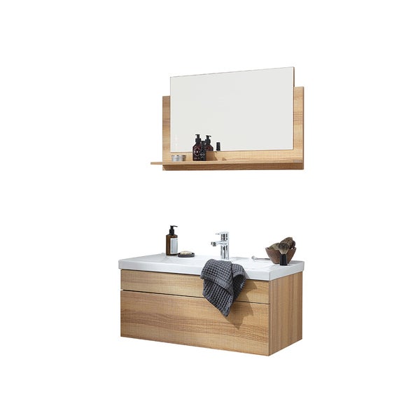 Badezimmermöbel-Set bestehend aus Waschtischunterschrank in Holzoptik, Waschbecken und Spiegel mit Ablagefläche.