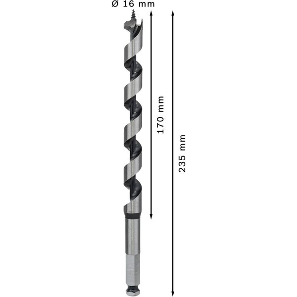 Holzbohrer mit 16 Millimeter Durchmesser und einer Länge von 235 Millimeter.