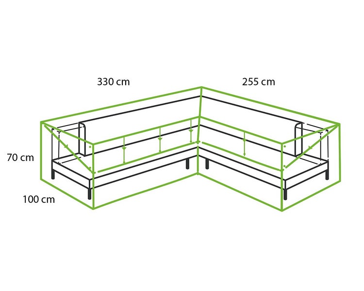 Abmessungen einer Eckbank: 330 cm, 255 cm, 70 cm, 100 cm